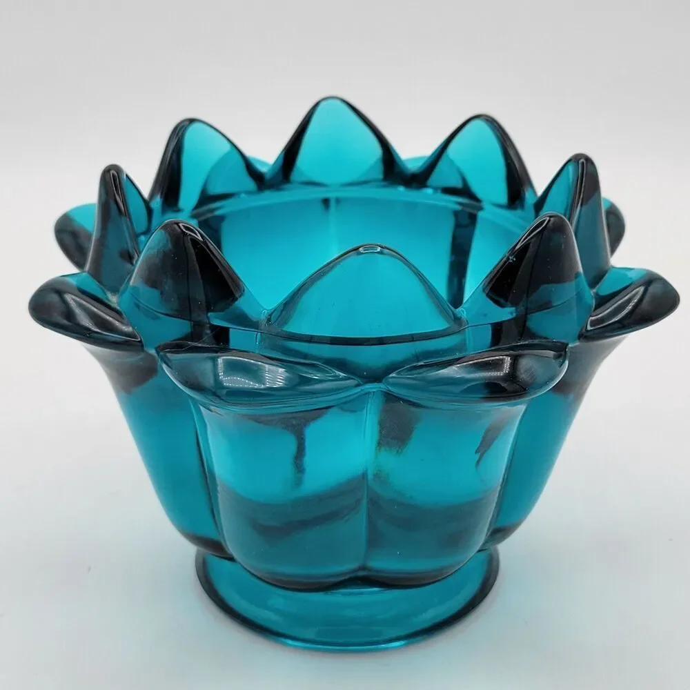 Stunning & Rare Viking Teal Blue Art Glass Lotus Bowl / Candle Holder